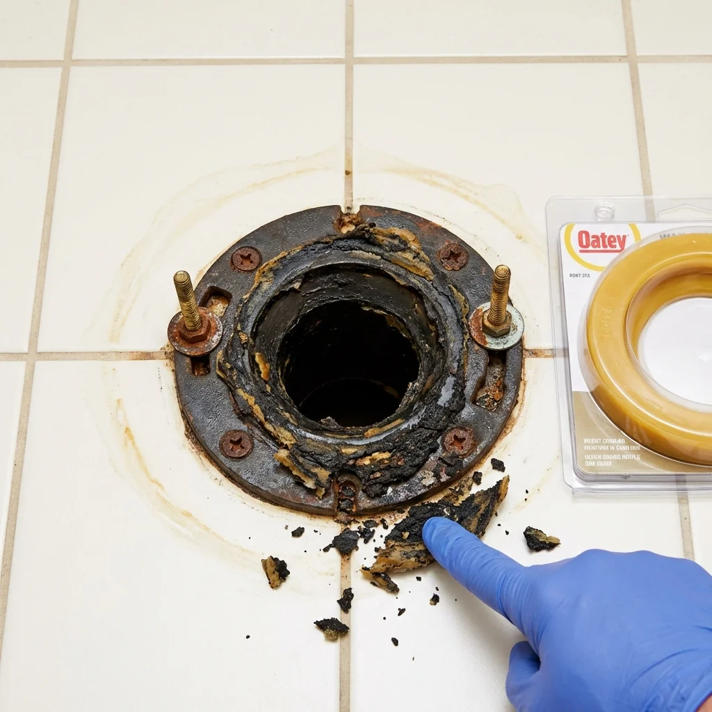 Failed wax ring showing water seepage at the base of a toilet in a Battle Creek, MI home