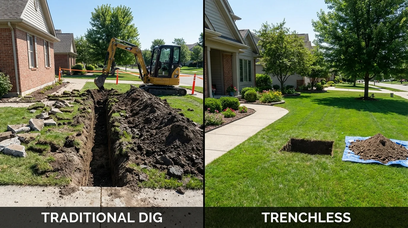 Trenchless sewer repair with minimal yard damage versus traditional excavation in Battle Creek, MI