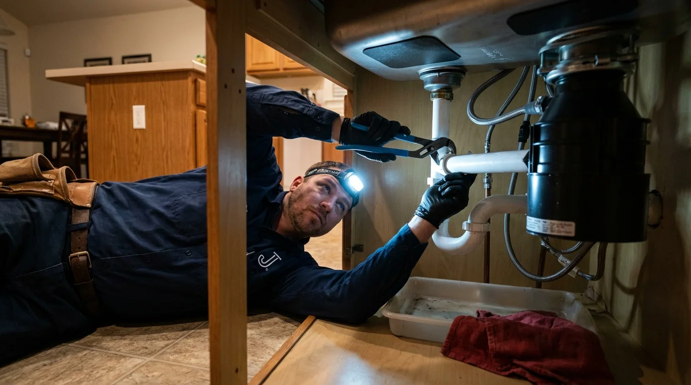 P-trap and supply line connections under a kitchen sink showing a common leak point in Battle Creek, MI